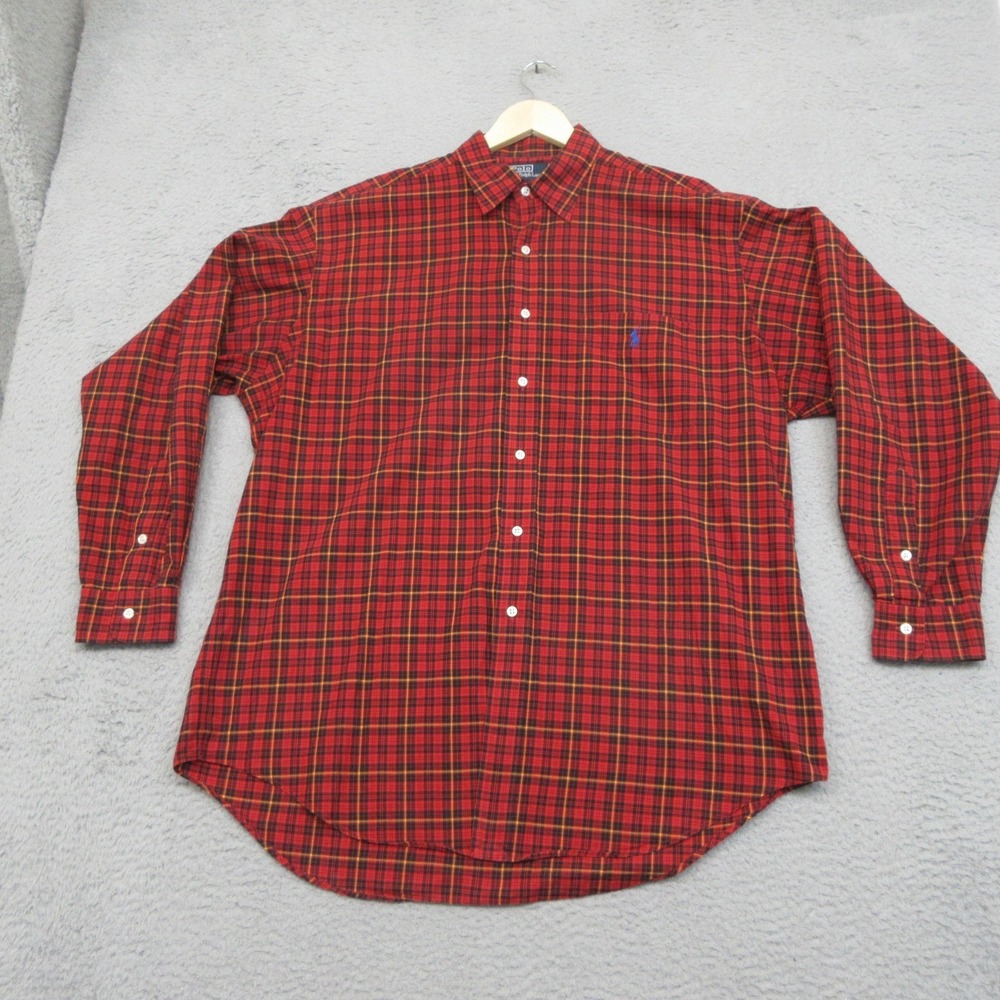 Polo Ralph Lauren Lowell Sport Shirt Men L Red Tartan Plaid Cotton Prep Classic